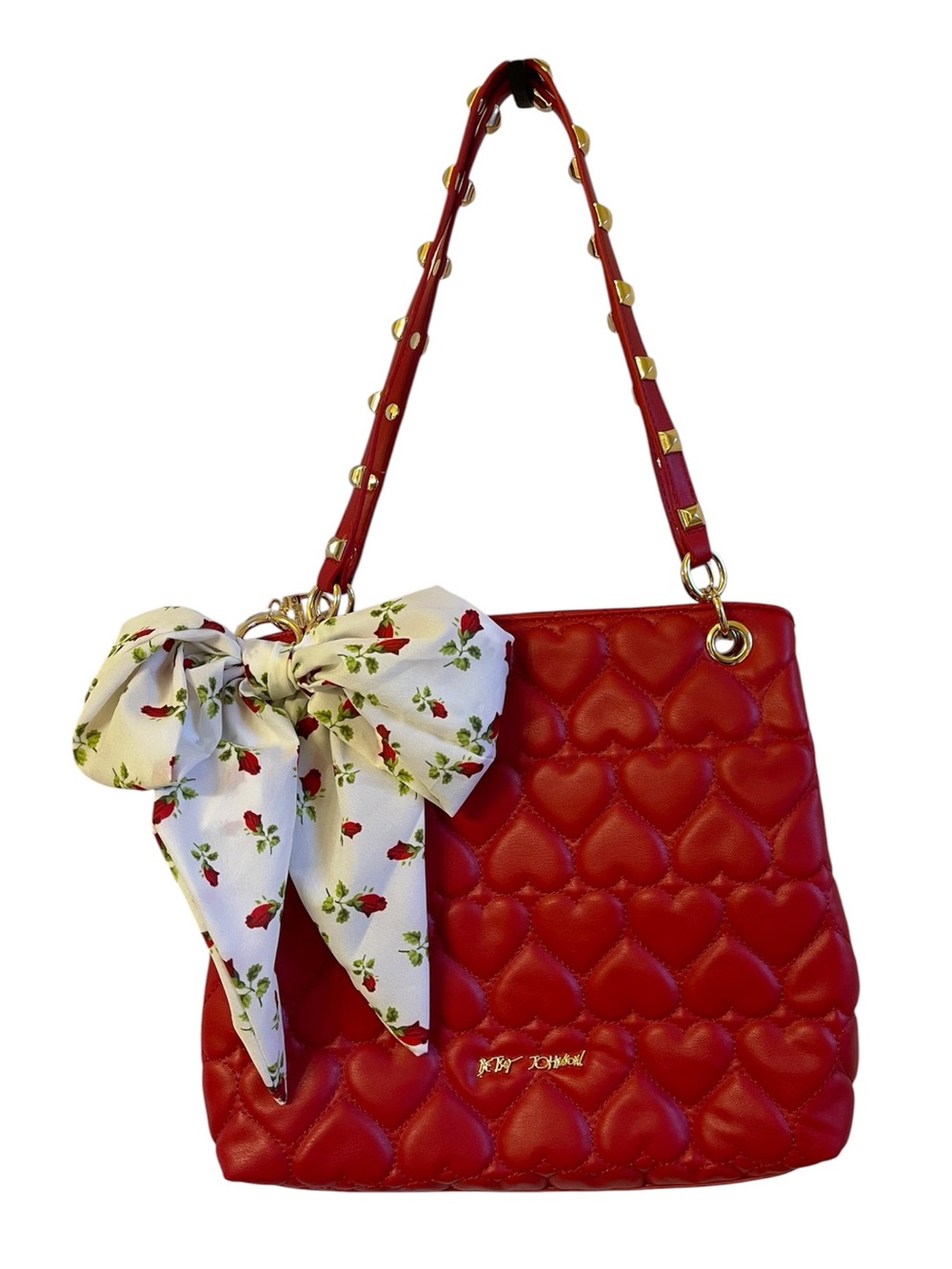 Betsey Johnson Red Shoulder Bag w/ Embossed Hearts & Big Bow W/ Roses - NWT **